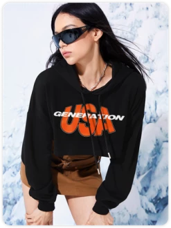 Kollyy Street Black Hooded Letter Top Hoodie & Sweatshirt