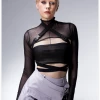Kollyy Punk Black Mesh Tie Up Buckle Top Women Top