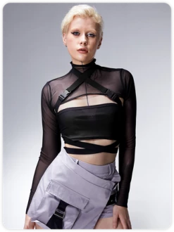 Kollyy Punk Black Mesh Tie Up Buckle Top Women Top