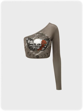 Kollyy Punk Brown Skull One Shoulder Top T-Shirt 1 Kollyy Punk Brown Skull One Shoulder Top T-Shirt