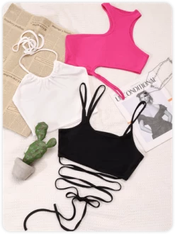 Kollyy Three-Piece Set Y2K Cut Out Asymmetrical Design Top Tank Top & Cami