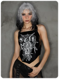 Kollyy Punk Black Graphic Leather Halloween Top Tank Top & Cami