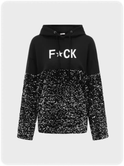 Kollyy Street Black Patchwork Glitter Graphic Top Hoodie & Sweatshirt