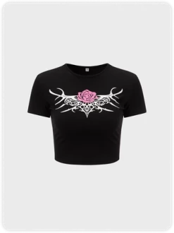 Kollyy Punk Black Floral Short Sleeves Top T-Shirt 20 Kollyy Punk Black Floral Short Sleeves Top T-Shirt -Tops Sales b864ab84f6427398cf7315a58b590a3a