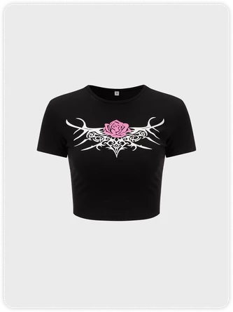 Kollyy Punk Black Floral Short Sleeves Top T-Shirt 9 Kollyy Punk Black Floral Short Sleeves Top T-Shirt - Image 9