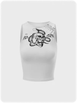 Kollyy Street White Metal Skull Cut Out Halloween Top Tank Top & Cami