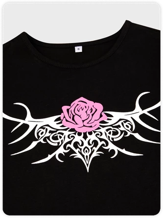 Kollyy Punk Black Floral Short Sleeves Top T-Shirt 10 Kollyy Punk Black Floral Short Sleeves Top T-Shirt - Image 10