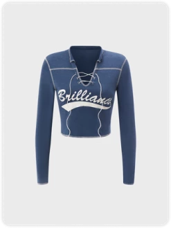 Kollyy Street Blue Tie Front Patchwork Vintage Top T-Shirt