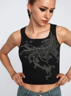 Kollyy Black Hotfix Rhinestone Crew Neck Top Tank Top & Cami -Tops Sales ba434662c9567b233f3ea84295199c50