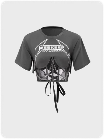 Kollyy Street Gray Graphic Patchwork Mesh Top T-Shirt 1 Kollyy Street Gray Graphic Patchwork Mesh Top T-Shirt