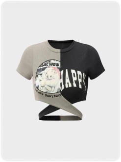 Kollyy Street Deep Gray Letter Patchwork Color Block Top T-Shirt