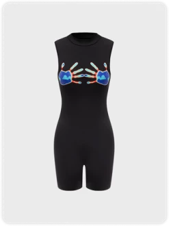 Kollyy Y2K Black Mesh Hand Printed Thermostimulative Party Top Jumpsuit