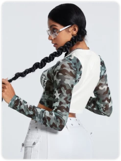 Kollyy Street White Mesh Patchwork Camo Top T-Shirt -Tops Sales bd985e288ee100480f8a9dcd748fb7e0