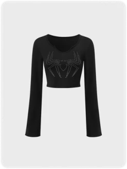 Kollyy Punk Black V-Neck Hotfix Rhinestone Top T-Shirt