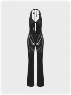 Kollyy Edgy Black Cut Out Halter Backless Cyberpunk Top Jumpsuit