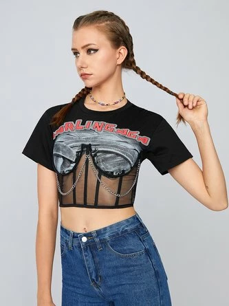 Kollyy Street Black Lace-Up Design Mesh Graphic Top T-Shirt 5 Kollyy Street Black Lace-Up Design Mesh Graphic Top T-Shirt - Image 5