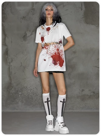 Kollyy Punk White Graffiti Metal Cut Out Halloween Top T-Shirt 4 Kollyy Punk White Graffiti Metal Cut Out Halloween Top T-Shirt - Image 4