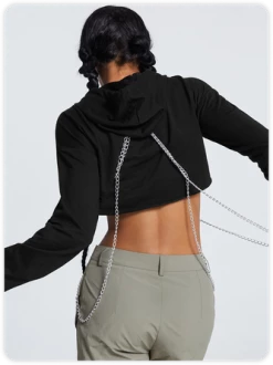 Kollyy Street Black Hooded Metal Chain Top Hoodie & Sweatshirt -Tops Sales c7471d85dec6460ada253f273fe015ca