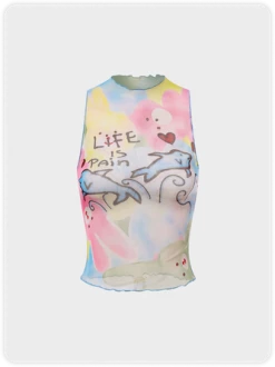 Kollyy Y2K Blue Mesh Cartoon Top Tank Top & Cami