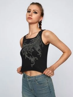 Kollyy Black Hotfix Rhinestone Crew Neck Top Tank Top & Cami -Tops Sales c797da36fe1611fee0f16b2fd7037c55