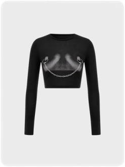 Kollyy Punk Black Body Print Metal Chain Top T-Shirt