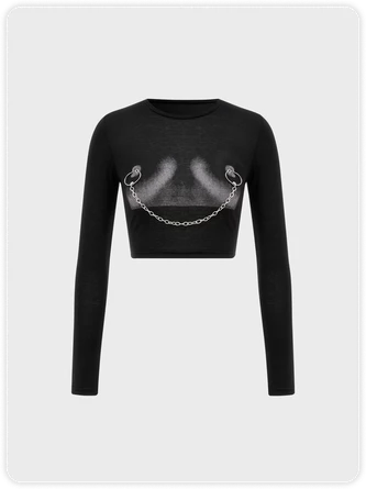 Kollyy Punk Black Body Print Metal Chain Top T-Shirt 1 Kollyy Punk Black Body Print Metal Chain Top T-Shirt