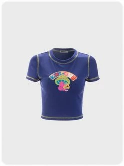Kollyy Vacation Navy Blue Cartoon Short Sleeves Top T-Shirt