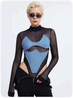 Kollyy Edgy Black Asymmetrical Design Mesh Top Bodysuit -Tops Sales d08e6d03a443a00fd20b9361dd5a42bb