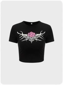 Kollyy Punk Black Floral Short Sleeves Top T-Shirt