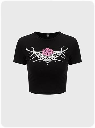 Kollyy Punk Black Floral Short Sleeves Top T-Shirt 1 Kollyy Punk Black Floral Short Sleeves Top T-Shirt