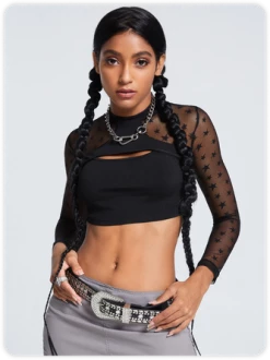 Kollyy Y2K Black Mesh Star Top T-Shirt