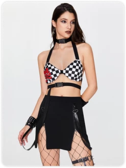 Kollyy Punk Black Plaid Skull Removable Straps Top Tank Top & Cami