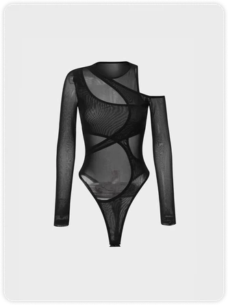 Kollyy Edgy Black Mesh Asymmetrical Design Arm Sleeves Top Bodysuit 1 Kollyy Edgy Black Mesh Asymmetrical Design Arm Sleeves Top Bodysuit