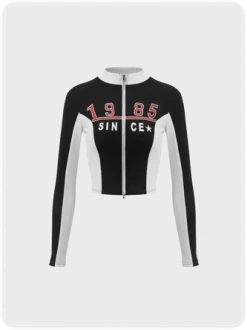 Kollyy Street Black Text Letters Color Block Zip Up Top T-Shirt