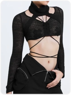 Kollyy Edgy Black Lace-Up Cut Out Top Sweater