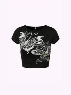 Kollyy Y2K Black Butterfly Short Sleeves Top T-Shirt