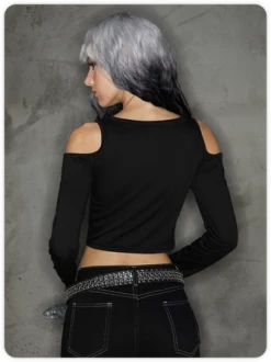 Kollyy Punk Black Graphic Metal Chain Cold Shoulder Halloween Top T-Shirt -Tops Sales db5baf64c8c79baa13d0371d30478c93