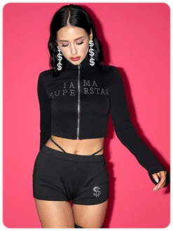 Kollyy Street Black Hotfix Rhinestone Party Top Outwear