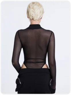 Kollyy Edgy Black Asymmetrical Design Mesh Top Bodysuit -Tops Sales e28c9a5e37bb45a0c8f0fe709435a3da