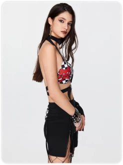 Kollyy Punk Black Plaid Skull Removable Straps Top Tank Top & Cami -Tops Sales e34c455b8034eeb4da8a20108e730269