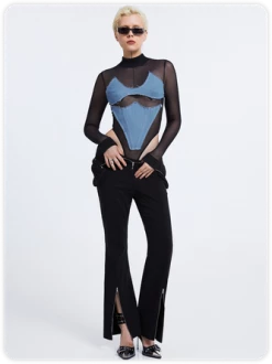 Kollyy Edgy Black Asymmetrical Design Mesh Top Bodysuit -Tops Sales e3f50dcc4660fc1fcae60b5b4363ce70