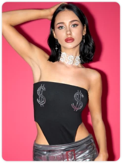 Kollyy Y2k Black Glitter High Waist Top Bodysuit