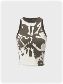 Kollyy Y2K Green Graphic Asymmetrical Design Top Tank Top & Cami