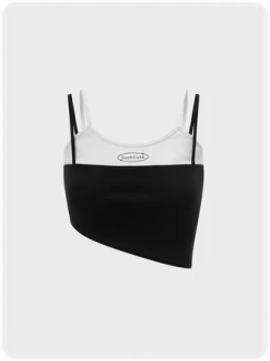 Kollyy Edgy Black Tiered Design Asymmetrical Design Cyberpunk Top Tank Top & Cami