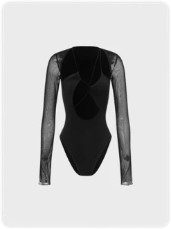 Kollyy Edgy Black Patchwork Mesh Lace Up Top Bodysuit