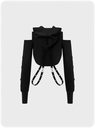 Kollyy Punk Black Cold Shoulder Hooded Metal Halloween Top Hoodie & Sweatshirt 4 Kollyy Punk Black Cold Shoulder Hooded Metal Halloween Top Hoodie & Sweatshirt - Image 4