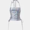 Kollyy Y2K Silver Laser Fabric Drawstring Halter Top Tank Top & Cami