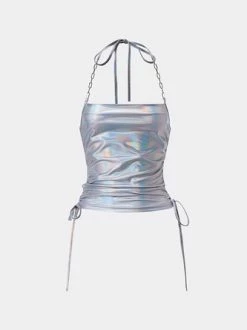 Kollyy Y2K Silver Laser Fabric Drawstring Halter Top Tank Top & Cami