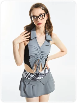 Kollyy Y2K Gray Drawstring V-Neck Back To School Top Tank Top & Cami