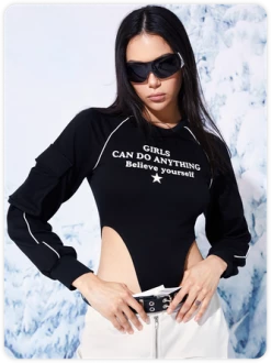 Kollyy Edgy Black Letter Top Bodysuit